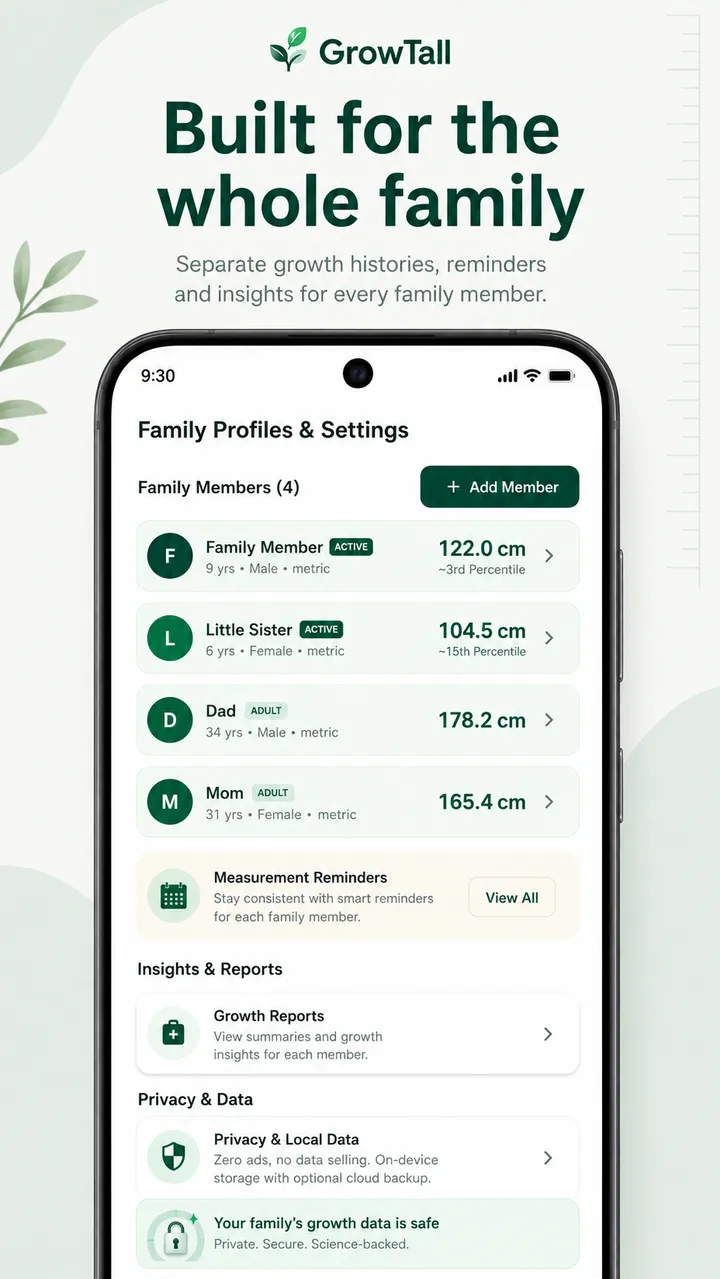 GrowTall family profiles screen with multiple members and privacy settings.